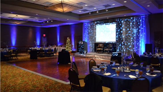 Reception ballroom with blue uplighting